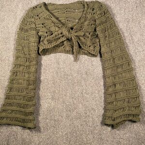 ROMWE Y2K Grunge Boho tie front Sweater Bell sleeves crotchet top S